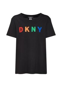 DKNY, Damen Shirt 'S/S CREW NECK TOP W/ MULTI COLOR MESH LOGO', Schwarz