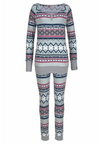 Bench, Damen Pyjama im Norwegermuster mit Sternen, Marine / Grau / Rot / Wei&szlig;