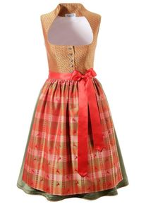 HANNAH, Damen Dirndl midi mit Kelchkragen, Grün / Orange / Orangerot