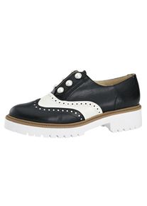 Heine, Damen Slipper, Dunkelbeige / Schwarz / Weiß