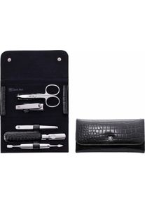 Zwilling, Damen Druckknopfetui, 5-tlg., Kroko-Lack, schwarz, Schwarz
