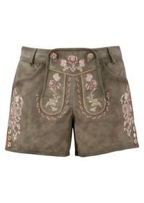 Kr&uuml;ger Dirndl Kr&uuml;ger Madl, Damen Trachtenlederhose kurz in uriger Used-Optik, Oliv / Pink / Rosa