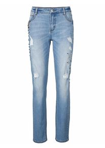 Heine, Damen Boyfriend-Jeans mit Perlen und Schmuckeleten, Blue Denim