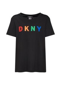 DKNY, Damen Shirt 'S/S CREW NECK TOP W/ MULTI COLOR MESH LOGO', Schwarz