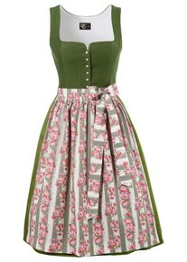 Turi Landhaus, Damen Dirndl midi mit Leinenmieder, Grau / Gr&uuml;n / Rosa / Wei&szlig;