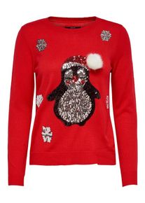 Only, Damen Pullover 'onlX-MAS PENGUIN L/S PULLOVER KNT', Rot