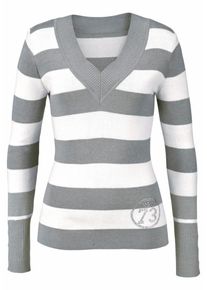 Arizona, Damen V-Ausschnitt-Pullover, Grau / Wei&szlig;