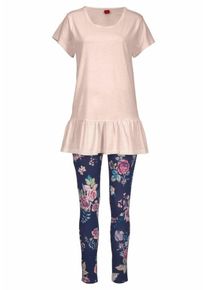 s.Oliver RED LABEL, Damen Bodywear Pyjama mit Shirt mit Schößchen und geblümter Leggings, Nachtblau / Aqua / Dunkellila / Rosa