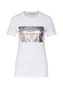 Calvin Klein Jeans, Damen T-Shirt 'INSTIT SILVER BOX LOGO TEE', Hellrot / Silber / Weiß