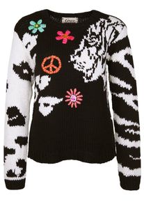 grace, Damen Strickpullover 'TIGER AND FLOWERS', Mint / Orange / Pink / Schwarz / Weiß