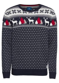 Tom Tailor, Herren Pullover 'christmas sweater', Nachtblau / Wei&szlig;