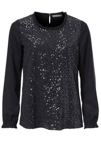 Heine, Damen Paillettenbluse mit Rüschen, Schwarz