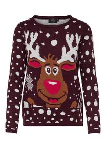 Only, Damen Pullover, Braun / Rot / Bordeaux / Wei&szlig;