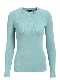 Apart, Damen Pullover mit Perlen und Glasperlen am Ausschnitt, Türkis