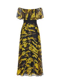 Apart, Damen Chiffonkleid mit allover stilisierten Blätterdruck, Gelb / Schwarz