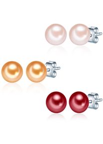Valero Pearls, Damen Silber-Ohrstecker mit Süßwasser-Zuchtperlen (3er Set), Dunkelorange / Rosa / Blutrot