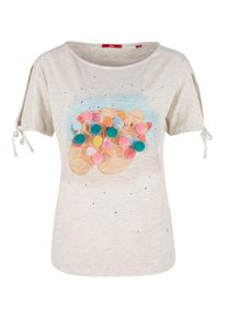 s.Oliver RED LABEL, Damen Cold Shoulder-Shirt mit Pompoms, Graumeliert / Mischfarben