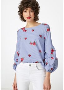 Hallhuber, Damen Bestickte Streifenbluse mit Raff&auml;rmeln, Nachtblau / Grasgr&uuml;n / Rosa / Blutrot / Wei&szlig;