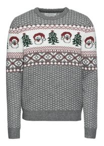 Pier One, Herren Pullover 'Placed Jacquard Jumper with Santa', Grau / Wei&szlig;