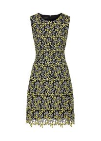 Apart, Damen Spitzenkleid mit allover stilisierten Blu und Blättern, Gelb / Schwarz