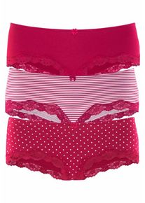 Lascana, Damen Pantys (3 Stck.), Cranberry / Wei&szlig;