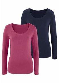 Vivance, Damen Langarmshirts (2 Stück) aus Baumwoll-Stretch, Dunkelbeige / Schwarz