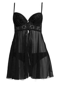 Lascana, Damen Push-up-Negligee mit Vorderverschluss, Schwarz