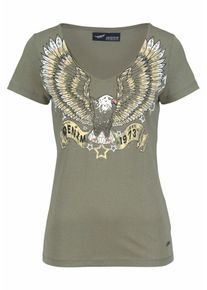 Arizona, Damen V-Shirt 'mit Denim Print', Khaki / Weiß