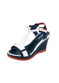Heine, Damen Keilsandalette, Navy / Knallrot / Wei&szlig;