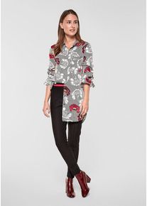 s.Oliver BLACK LABEL, Damen Long-Bluse mit Schleifen-Manschetten, Grau / Rot / Wei&szlig;