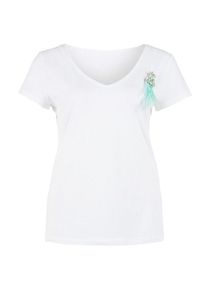 TRIANGLE, Damen V-Neck-Shirt mit Schmuckbrosche, Weiß
