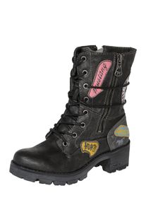 Mustang, Damen Schn&uuml;r-Booty im Worker-Look mit Stickern, Graphit