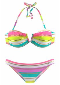 s.Oliver RED LABEL, Damen Bandeau-Bikini, Türkis / Gold / Neongrün / Pink / Weiß