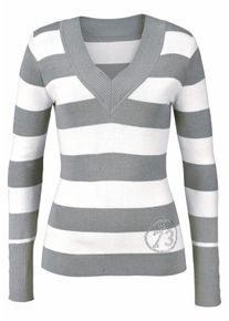 Arizona, Damen V-Ausschnitt-Pullover, Grau / Wei&szlig;