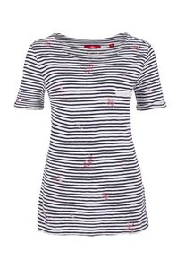 s.Oliver RED LABEL, Damen Ringelshirt mit Print, Nachtblau / Pink / Wei&szlig;