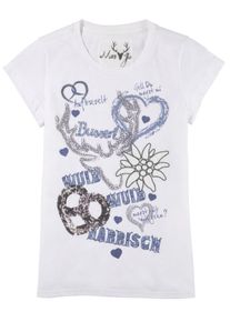 Marjo, Damen Trachtenshirt, Taubenblau / Wei&szlig;