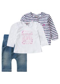 Kanz, Mädchen Baby Set Jerseyjacke + Langarmshirt + Softbundhose, Blau / Weiß