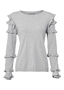 Heine, Damen Rundhalspullover mit Rüschen, Hellgrau