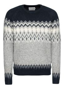 Pier One, Herren Pullover 'Hairy Jacquard Crewneck Jumper', Dunkelblau / Grau / Weiß