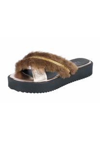 Heine, Damen Pantolette mt Webfell und Schmucksteinchen, Braun / Schwarz