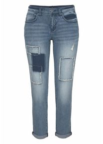 Arizona, Damen Boyfriend-Jeans mit Destroyed Effekten und Patches, Blue Denim