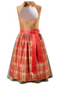 HANNAH, Damen Dirndl midi mit Kelchkragen, Gr&uuml;n / Orange / Orangerot