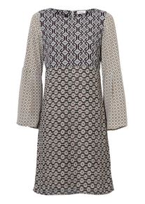 Heine, Damen Druckkleid mit Volantärmel, Taubenblau / Taupe / Weiß