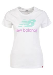 New Balance, Damen T-Shirt 'Essentials Stacked Logo', Mint / Lila / Wei&szlig;
