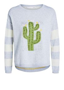 Oui, Damen Pullover, Grau / Hellgrün / Weiß