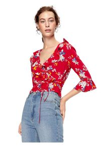 EDITED, Damen Wickelbluse 'Anike', Blau / Rot
