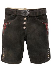 Country Line, Damen Trachtenlederhose kurz im Used Look, Dunkelbraun / Rot