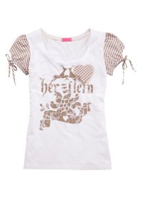 Kr&uuml;ger Dirndl Kr&uuml;ger Madl, Damen Trachtenshirt mit Puff&auml;rmel, Camel / Wei&szlig;