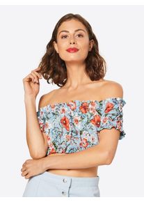 boohoo, Damen Top 'Floral Gathered Bardot', Hellblau / Grasgr&uuml;n / Orangerot