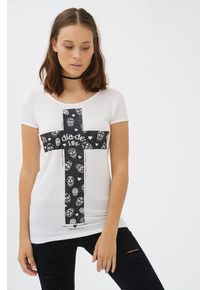 Trueprodigy, Damen T-Shirt 'Susan', Dunkelgrau / Wei&szlig;